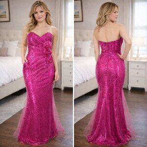 Jovani Magenta Pink Sequined Mesh Strapless Barbiecore Formal Gown $395
